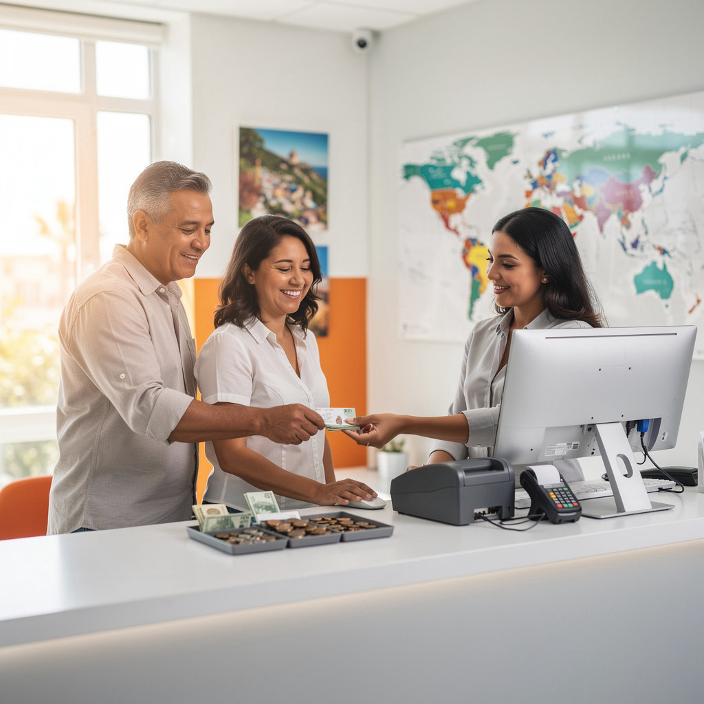 Ria Money Transfer - Smart Envios agent assisting a customer with a secure international money transfer in Santa Barbara