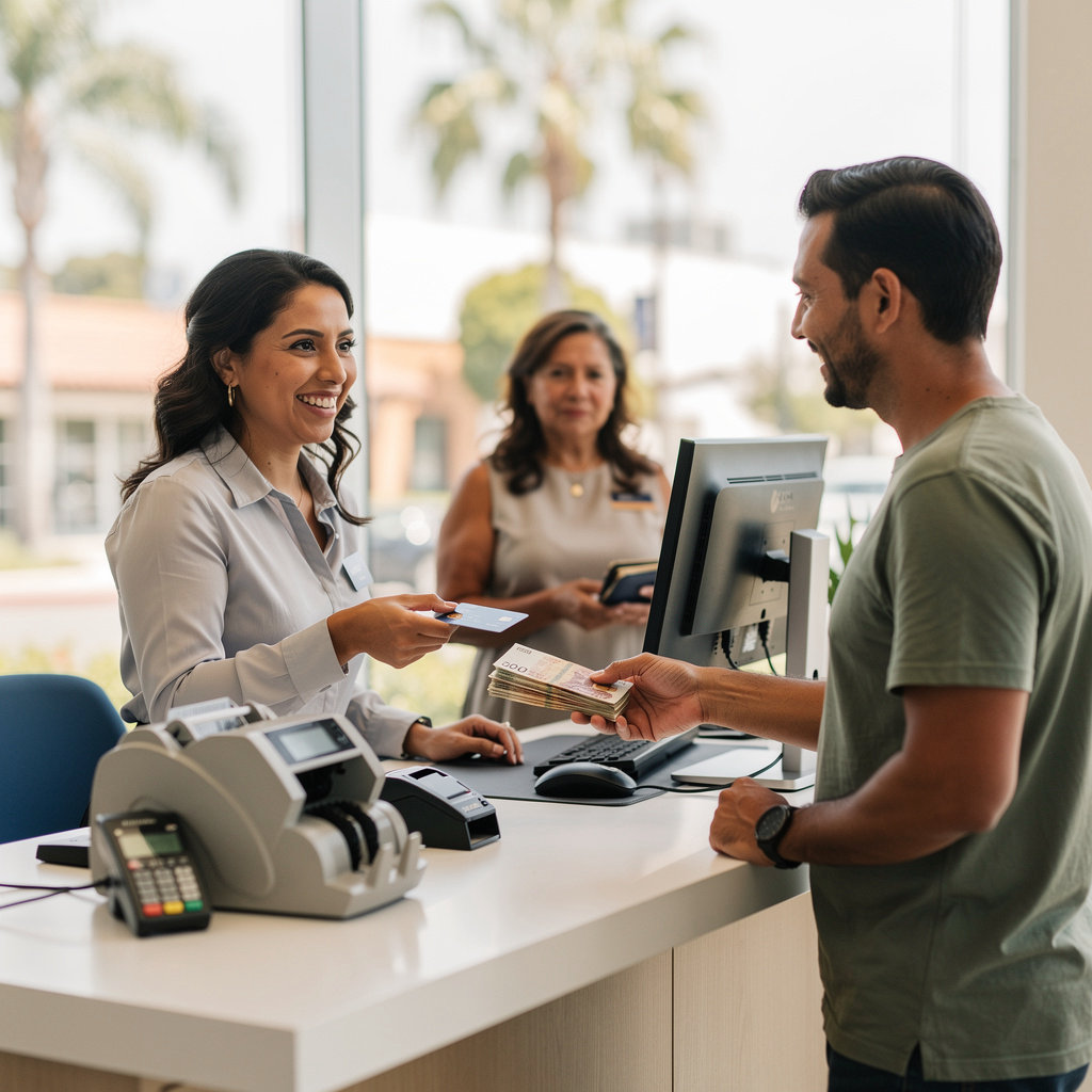 Ria Money Transfer - Smart Envios agent assisting a customer with international money transfer and currency exchange services in Santa Barbara